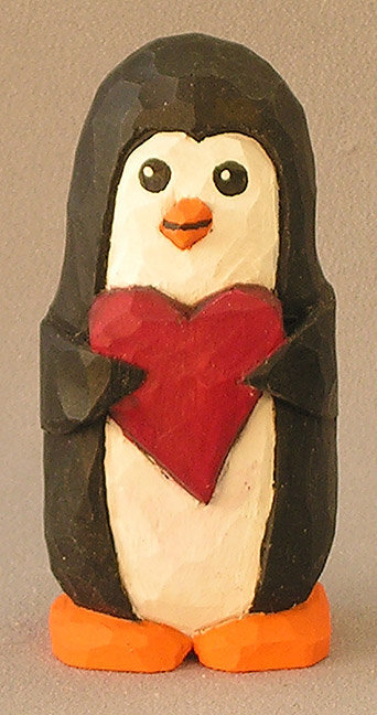 Comfort Animals, Wood Carving, Hand Carved and Painted, Figurines in Wood, Wood Carving Figurines, Penguin withred heart  AM3 4 X 2 X 1.5 picture