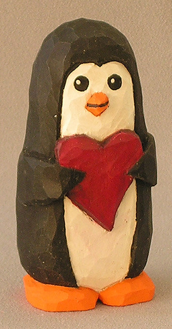 Comfort Animals, Wood Carving, Hand Carved and Painted, Figurines in Wood, Wood Carving Figurines, Penguin withred heart  AM3 4 X 2 X 1.5 picture