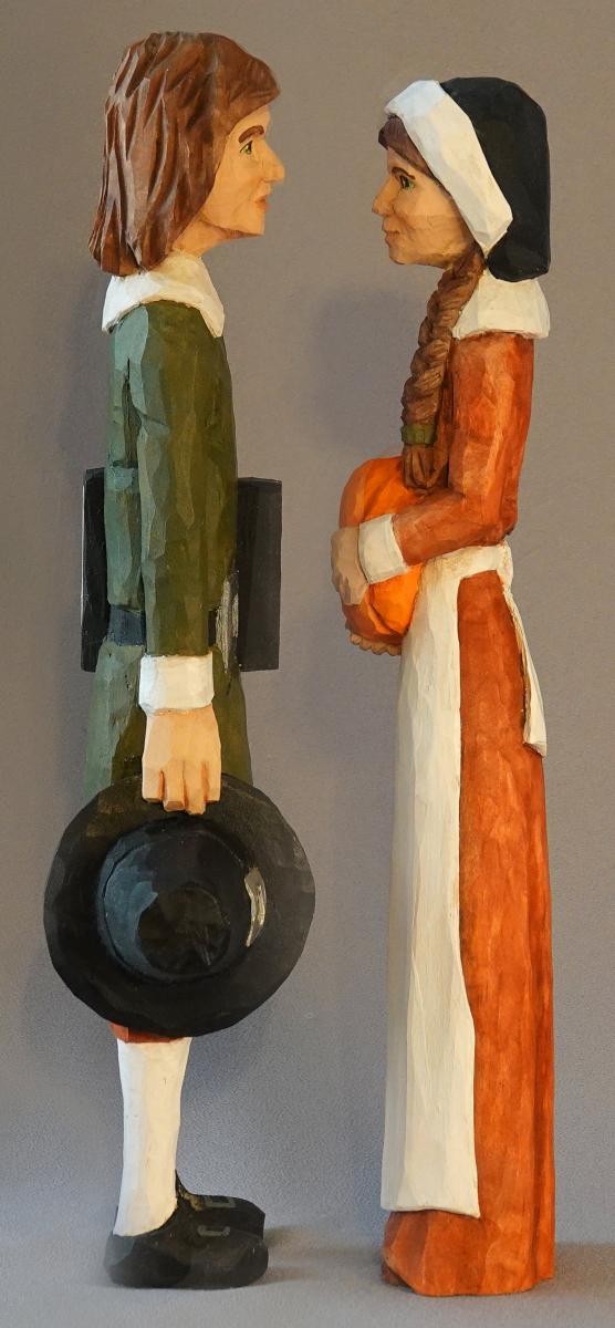 Hand Carved Pilgrims, Wood Carving, Thanksgiving Carvings, Thanksgiving Art, Mr. and Mrs. Extra Tall Pilgrim Couple HO30 12 X 2.5Â X 2Â X 2 picture