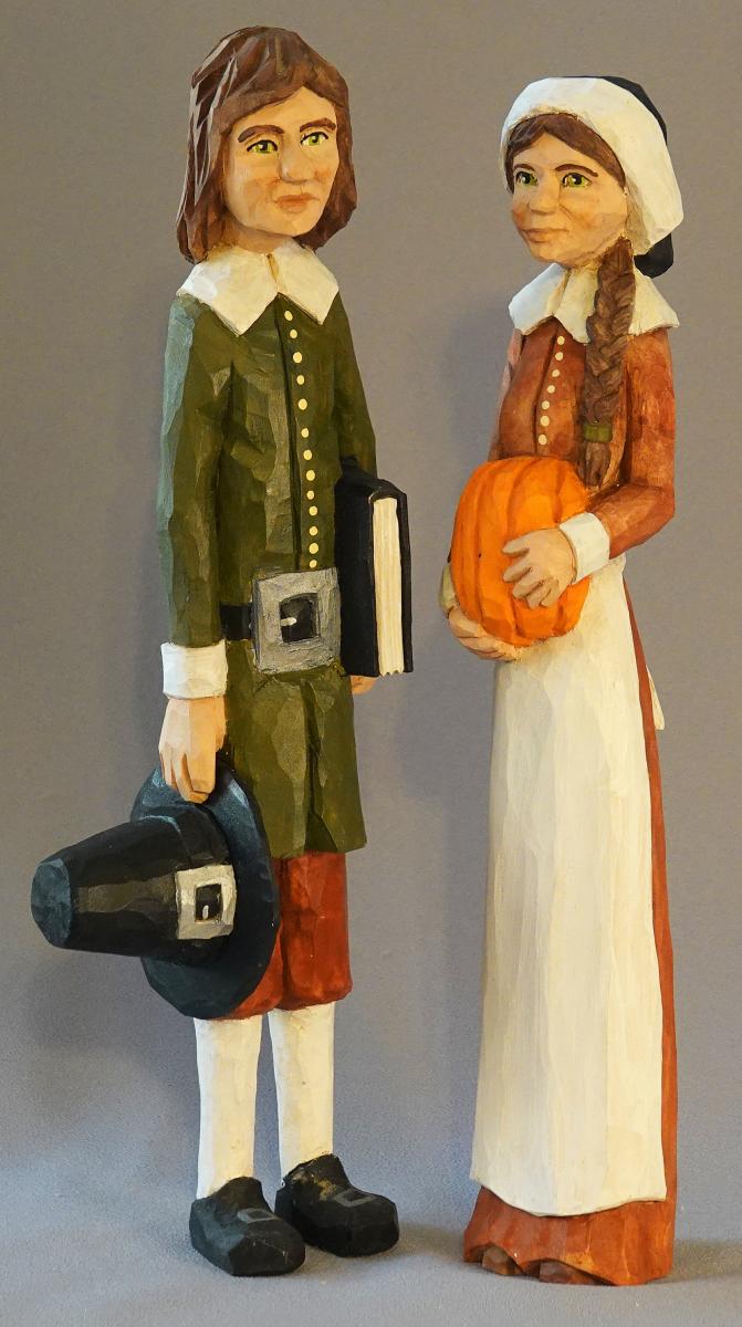 Hand Carved Pilgrims, Wood Carving, Thanksgiving Carvings, Thanksgiving Art, Mr. and Mrs. Extra Tall Pilgrim Couple HO30 12 X 2.5Â X 2Â X 2 picture