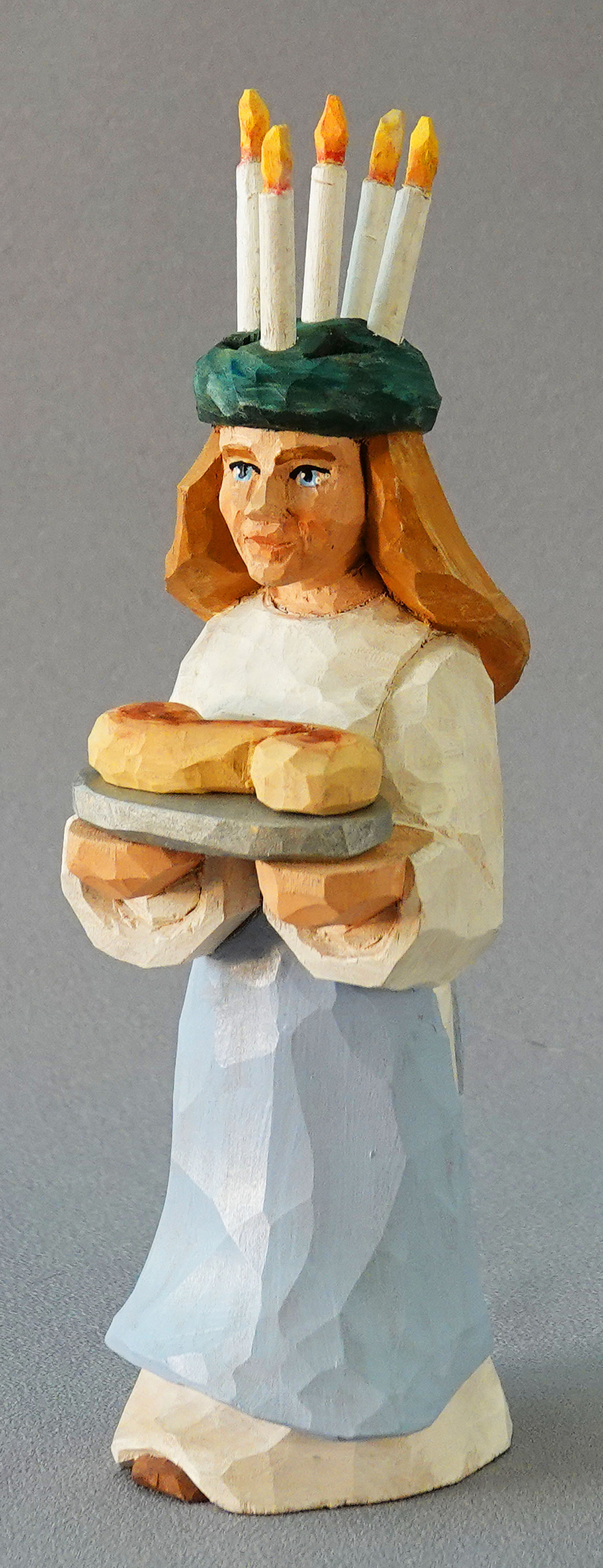Wood Carving, Santa Claus Figurines, Wood Art, Santa Lucia Holding Saffron Bun with Candle Wreath on Her Head SA79 7.5Â X 2Â X 2Â picture