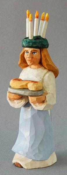 Wood Carving, Santa Claus Figurines, Wood Art, Santa Lucia Holding Saffron Bun with Candle Wreath on Her Head SA79 7.5 X 2 X 2 picture