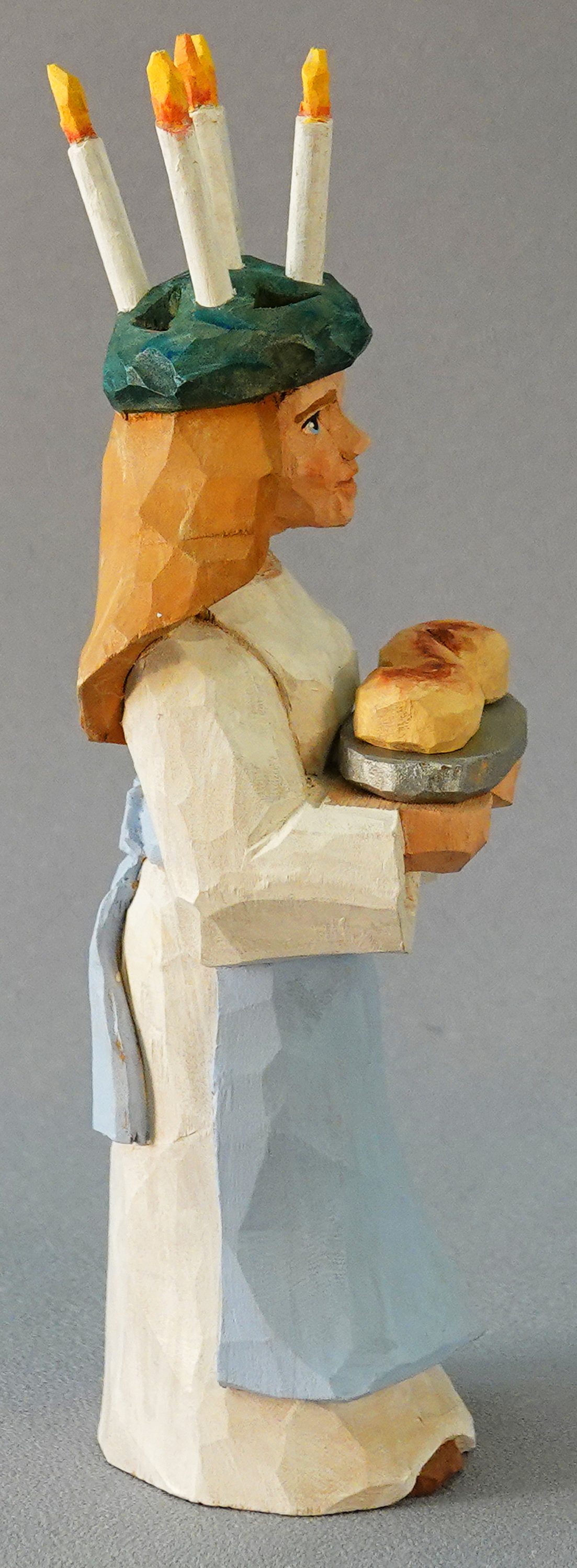 Wood Carving, Santa Claus Figurines, Wood Art, Santa Lucia Holding Saffron Bun with Candle Wreath on Her Head SA79 7.5Â X 2Â X 2Â picture