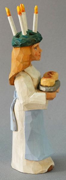 Wood Carving, Santa Claus Figurines, Wood Art, Santa Lucia Holding Saffron Bun with Candle Wreath on Her Head SA79 7.5 X 2 X 2 picture