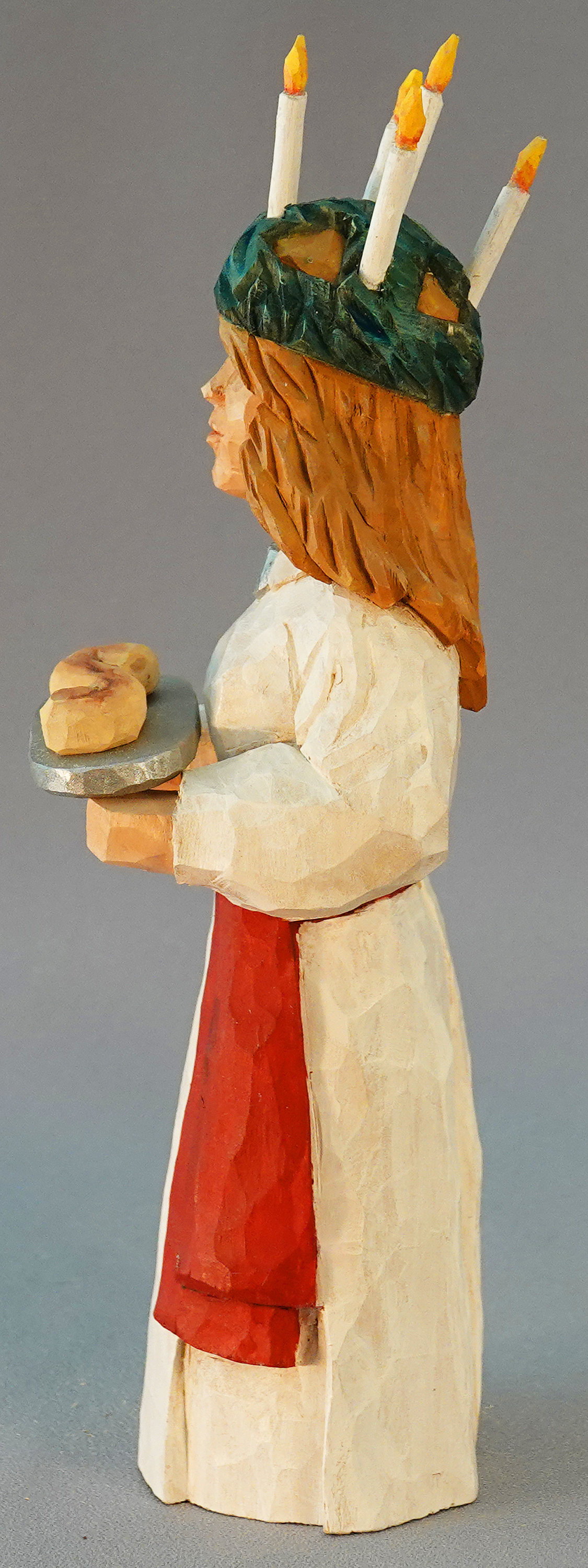 Scandinavian, Hand Carved Santa, Wood Carving, Santa Lucia Holding Saffron Bun, Candle Wreath on Head SA80 10.5Â X 3Â X 3Â picture