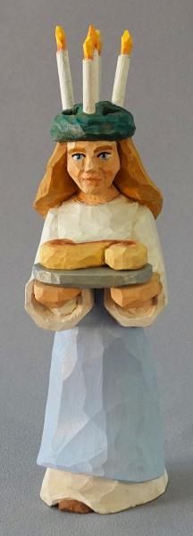 Wood Carving, Santa Claus Figurines, Wood Art, Santa Lucia Holding Saffron Bun with Candle Wreath on Her Head SA79 7.5 X 2 X 2 picture