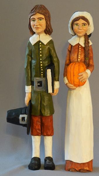 Hand Carved Pilgrims, Wood Carving, Thanksgiving Carvings, Thanksgiving Art, Mr. and Mrs. Extra Tall Pilgrim Couple HO30 12 X 2.5 X 2 X 2