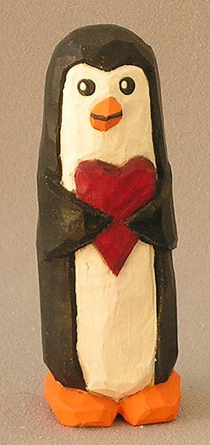 Wood Carving, Hand Carved, Wood Animals, Carved Original, Hand Carved, Hand carved original, Penguin holding red heart  AM4 4 X 1.5 X 1.5