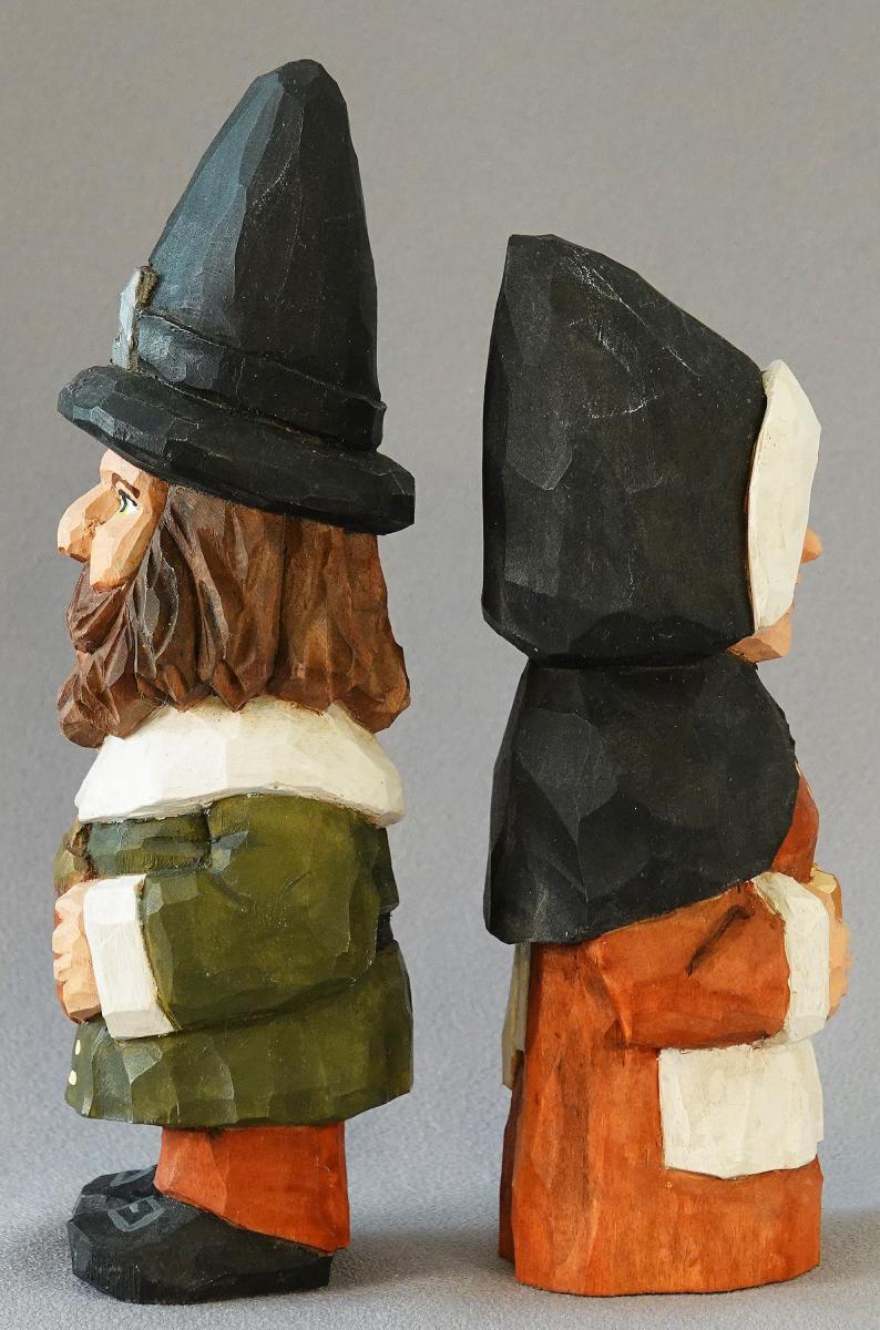 Hand Carved Pilgrims, Wood Carving, Thanksgiving Carvings, Thanksgiving Wood Art, Mr. and Mrs. Gnome Pilgrim Couple HO29 7.5Â X 2Â X 2Â X 2Â picture