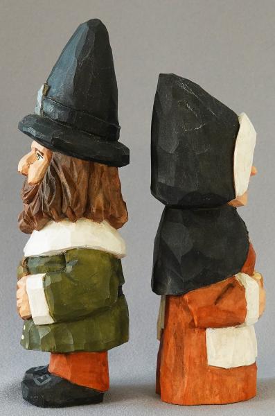 Hand Carved Pilgrims, Wood Carving, Thanksgiving Carvings, Thanksgiving Wood Art, Mr. and Mrs. Gnome Pilgrim Couple HO29 7.5 X 2 X 2 X 2 picture