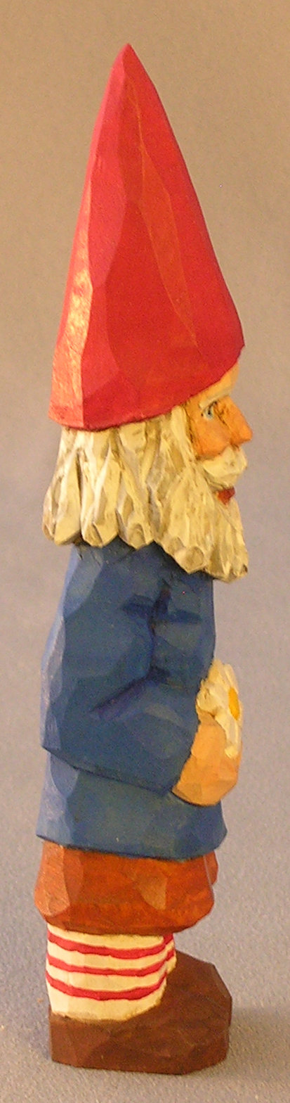 Wood Carving, Woodland Creature, Vintage Style Wood Carving, Hand Carved Original, Hand Carved Gnome Holding Daisy SA13 6.5Â X 1.5Â X 1.5Â picture