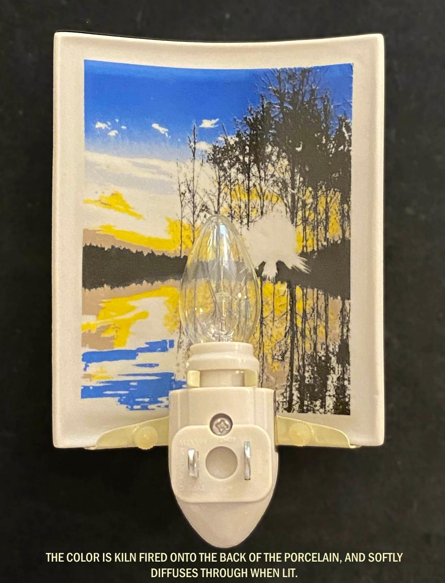 Night Light - Porcelain Lithophane "Lakeshore Sunset" colored lake, nature, tree, water, sunrise themed wall plug in accent lamp picture