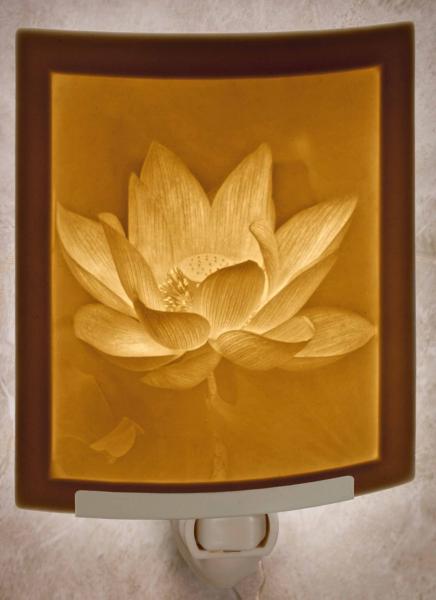 Night Light - Porcelain Lithophane "Lotus Flower" floral, nature, Asian, garden themed wall plug in accent light picture