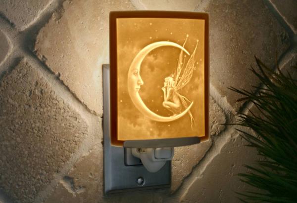 Night Light - Porcelain Lithophane "Fairy Moon" fantasy, moon, fairy themed plug in accent light picture