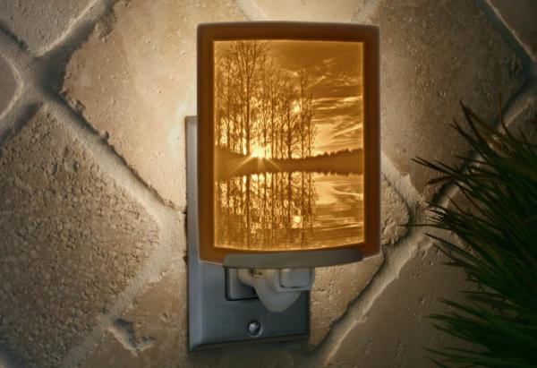 Lake Living Night Light - Porcelain Lithophane "Lakeshore Sunset" trees, sunset, lake themed plug in accent light picture