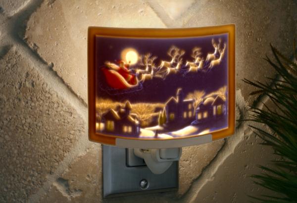 Santa's Flight Colored Porcelain Lithophane Night Light holiday, Christmas, Yuletide, winter themed wall plug in accent lamp