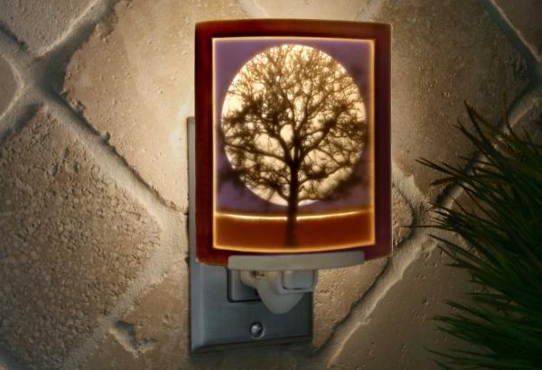 Night Light - Porcelain Lithophane  "Midnight Moon" Colored tree, moon, nightime nature moon themed wall plug in accent light picture