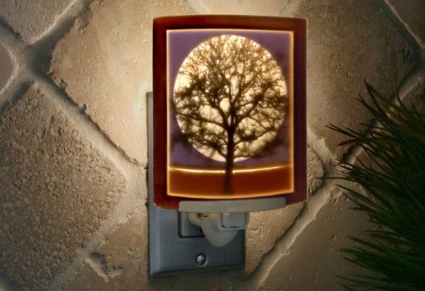 Night Light - Porcelain Lithophane  "Midnight Moon" Colored tree, moon, nightime nature moon themed wall plug in accent light picture