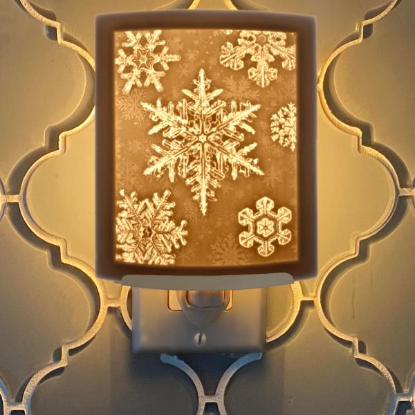 Night Light - Porcelain Lithophane "Snowflakes" winter, snow, holiday, Christmas themed wall plug in accent light picture