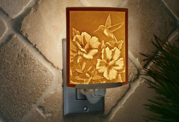 Night Light - Porcelain Lithophane "Hummer's Choice" hummingbird, flower, bird themed plug in accent light picture