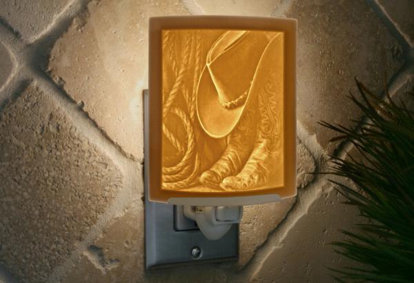 Cowboy Night Light - Porcelain  Lithophane "Call it a Day" Western, cowboy, ranch, hat, boots themed wall plug in accent lamp