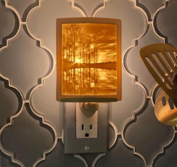 Lake Living Night Light - Porcelain Lithophane "Lakeshore Sunset" trees, sunset, lake themed plug in accent light picture