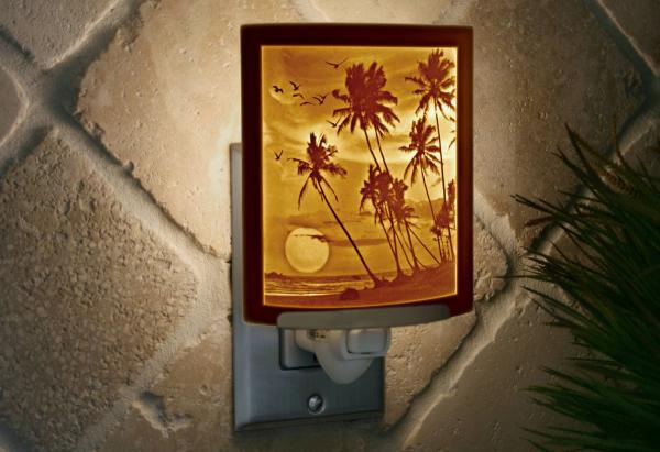 Night Light - Porcelain Lithophane "Tropical Sunset" palm tree, island, beach themed plug in accent light