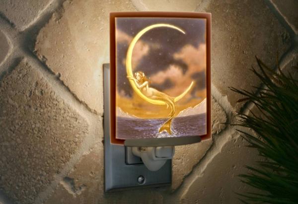 Mermaid Night Light - Porcelain Lithophane "Mermaid on the Moon" Colored fantasy, nautical, moon themed wall plug in accent light