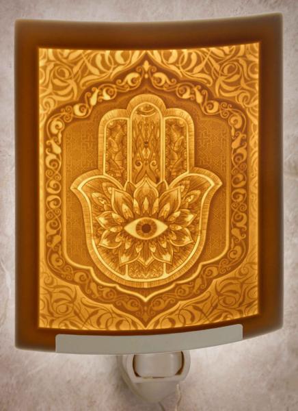 Night Light - Porcelain Lithophane "Hamsa" eye of Fatima, Evil eye, Hebrew, Judaica themed wall plug in accent lamp picture