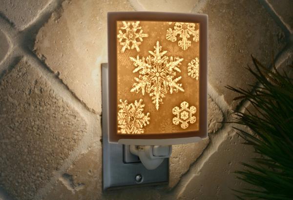 Night Light - Porcelain Lithophane "Snowflakes" winter, snow, holiday, Christmas themed wall plug in accent light