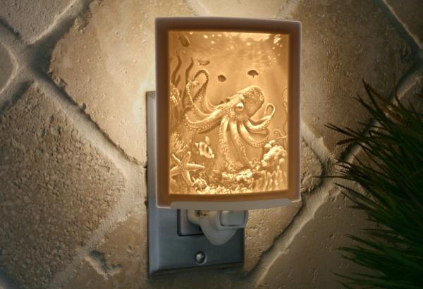 Night Light - Porcelain Lithophane "Octopus" sea life, ocean aquatic, nautical themed wall plug in light