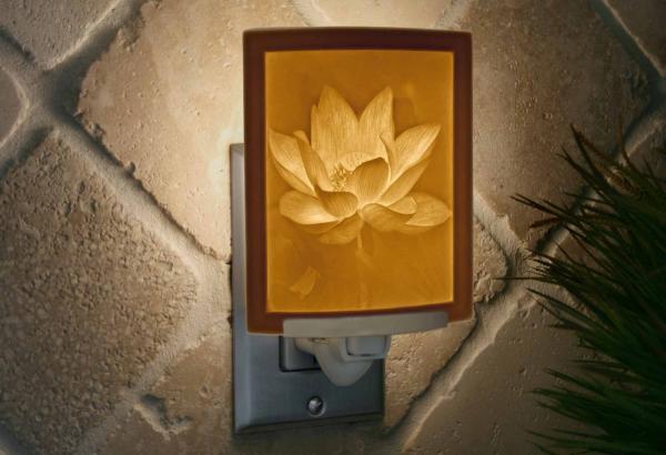Night Light - Porcelain Lithophane "Lotus Flower" floral, nature, Asian, garden themed wall plug in accent light