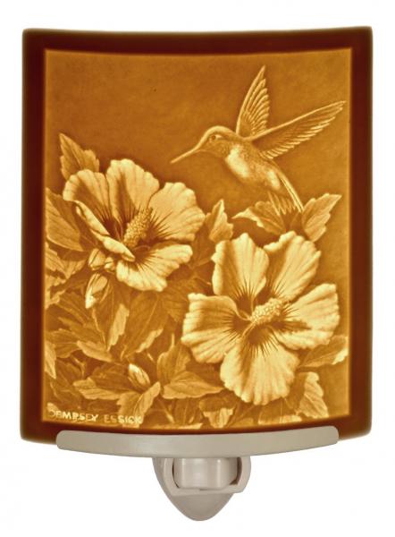 Night Light - Porcelain Lithophane "Hummer's Choice" hummingbird, flower, bird themed plug in accent light picture