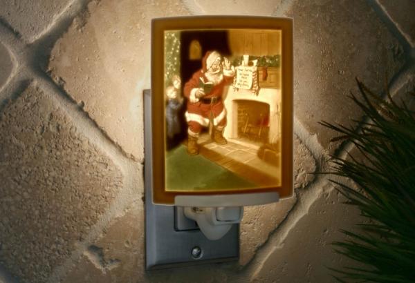 Night Light - Porcelain Lithophane "Santa's Surprise" Colored Holiday, Christmas, Winter, St Nick themed wall plug in accent lamp