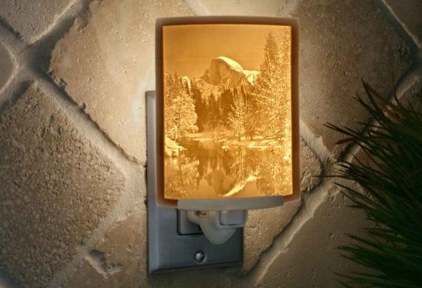 Night Light - Porcelain Lithophane Half Dome at Yosemite nature, mountain, El Capitan, forest, river themed wall plug in accent lamp