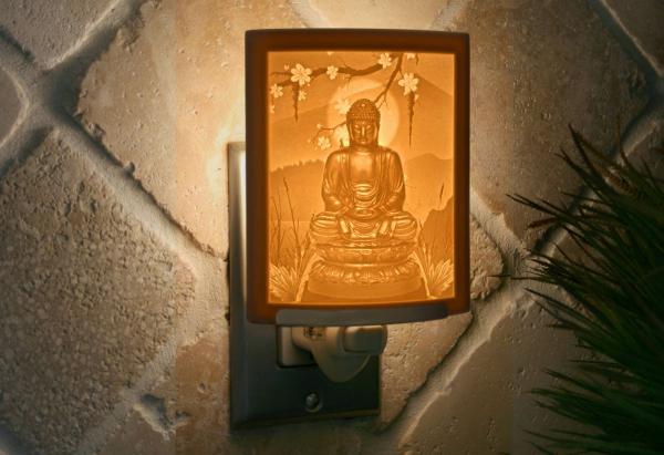 Night Light -  Porcelain Lithophane "Buddha" Asian, Buddhist, Zen, meditation themed wall plug in accent light