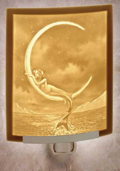Mermaid Night Light - Porcelain Lithophane "Mermaid and the Moon" fantasy, moon, nautical themed wall plug in accent light picture