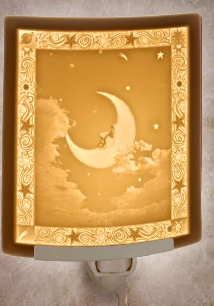 Moon Night Light - Porcelain Lithophane "Man in the Moon" moon, clouds, night sky themed nursery wall plug in accent light picture