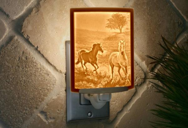 Horse Night Light - Porcelain Lithophane "Morning Run" equestrian, outdoor, nature themed wall plug in accent light