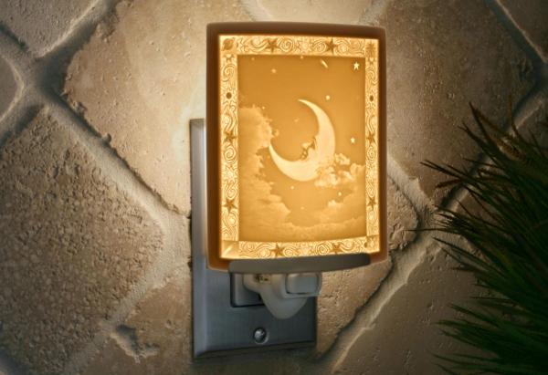 Moon Night Light - Porcelain Lithophane "Man in the Moon" moon, clouds, night sky themed nursery wall plug in accent light picture