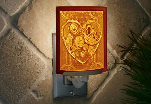 Night Light - Valentine Porcelain Lithophane "Key to My Heart" vintage, heart, clockworks,  Steampunk themed wall plug in accent light picture
