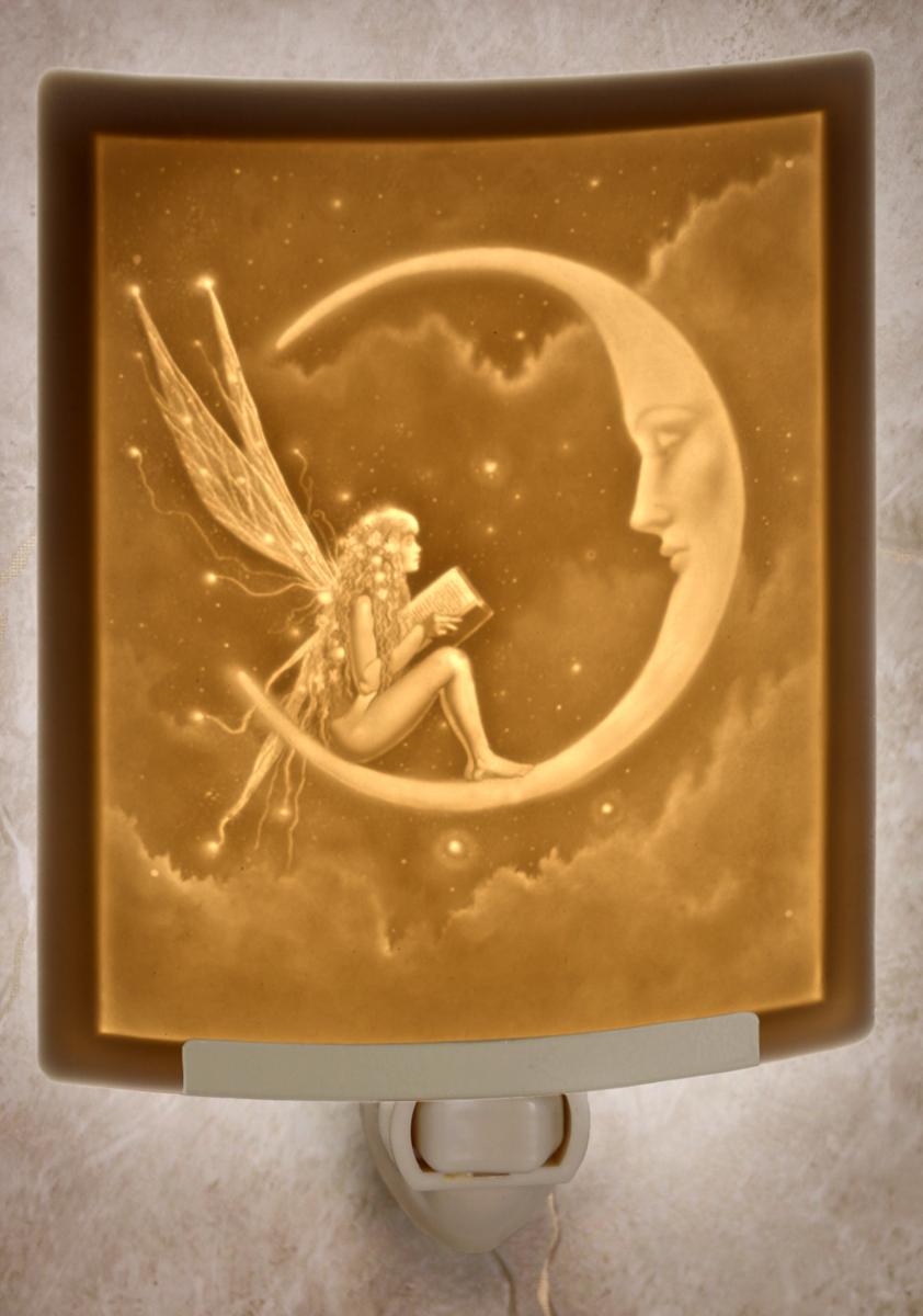 Night Light - Porcelain Lithophane "Story Fairy" fantasy, moon, fairy themed wall plug in accent light picture