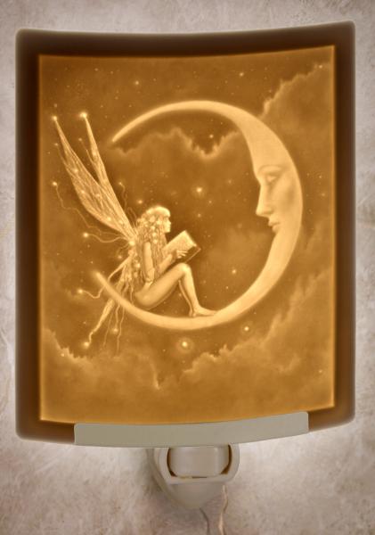 Night Light - Porcelain Lithophane "Story Fairy" fantasy, moon, fairy themed wall plug in accent light picture