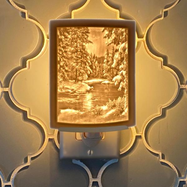 Night Light - Porcelain Lithophane "Winter Wonderland" nature and snow themed plug in accent light picture