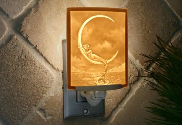 Mermaid Night Light - Porcelain Lithophane "Mermaid and the Moon" fantasy, moon, nautical themed wall plug in accent light picture