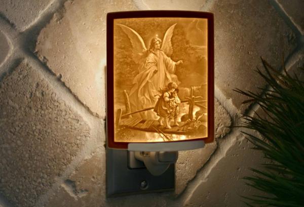 Night Light - Porcelain Lithophane "Angel at the Bridge" Guardian Angel, Christian, Catholic, nursery themed wall plug in accent light picture