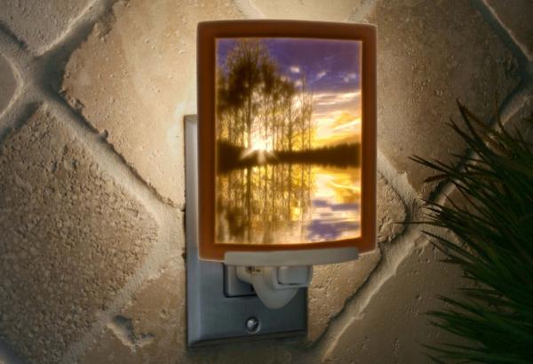 Night Light - Porcelain Lithophane "Lakeshore Sunset" colored lake, nature, tree, water, sunrise themed wall plug in accent lamp