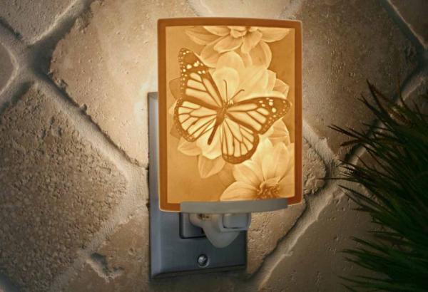 Night Light - Porcelain Lithophane "Butterfly" insect, bug, garden, flower themed wall plug in accent light picture