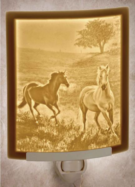Horse Night Light - Porcelain Lithophane "Morning Run" equestrian, outdoor, nature themed wall plug in accent light picture