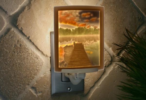 Night Light - Porcelain Lithophane  "Pierside Morning" Colored lakeside, lakeshore, boating, sunset, sunrise themed wall plug in accent lamp